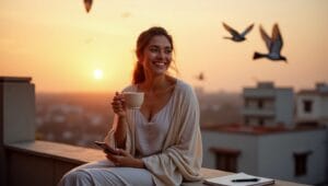 Woman sipping tea on rooftop at sunrise.