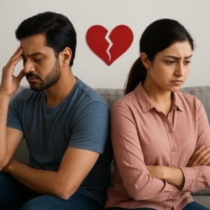 Sad couple sitting apart with a broken heart symbol in the background, representing relationship breakup psychology.