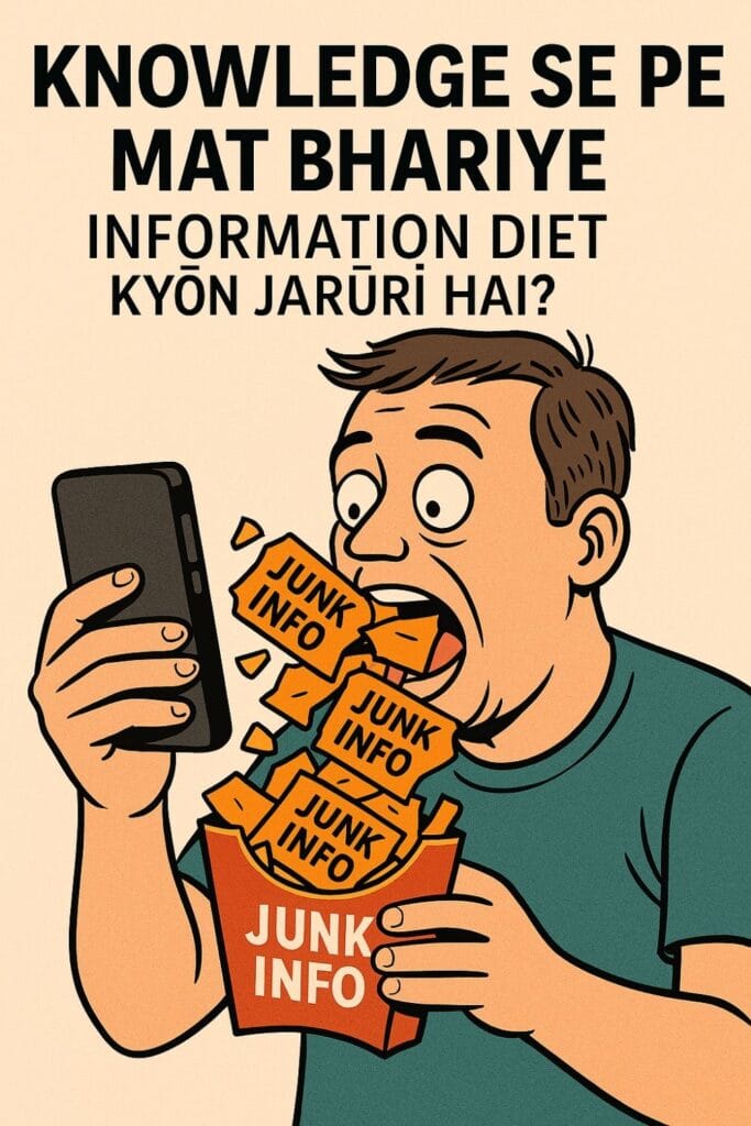 A person overwhelmed by consuming junk information, symbolized by fast food made of news articles, social media posts, and random data.